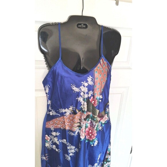 Women's Peacock Slip Dress Size 2X Shiny Satin Blue Adjustable Coquette - Picture 4 of 8